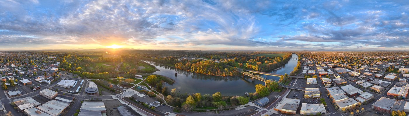 Aerial panorama of Albany, Oregon at sunset